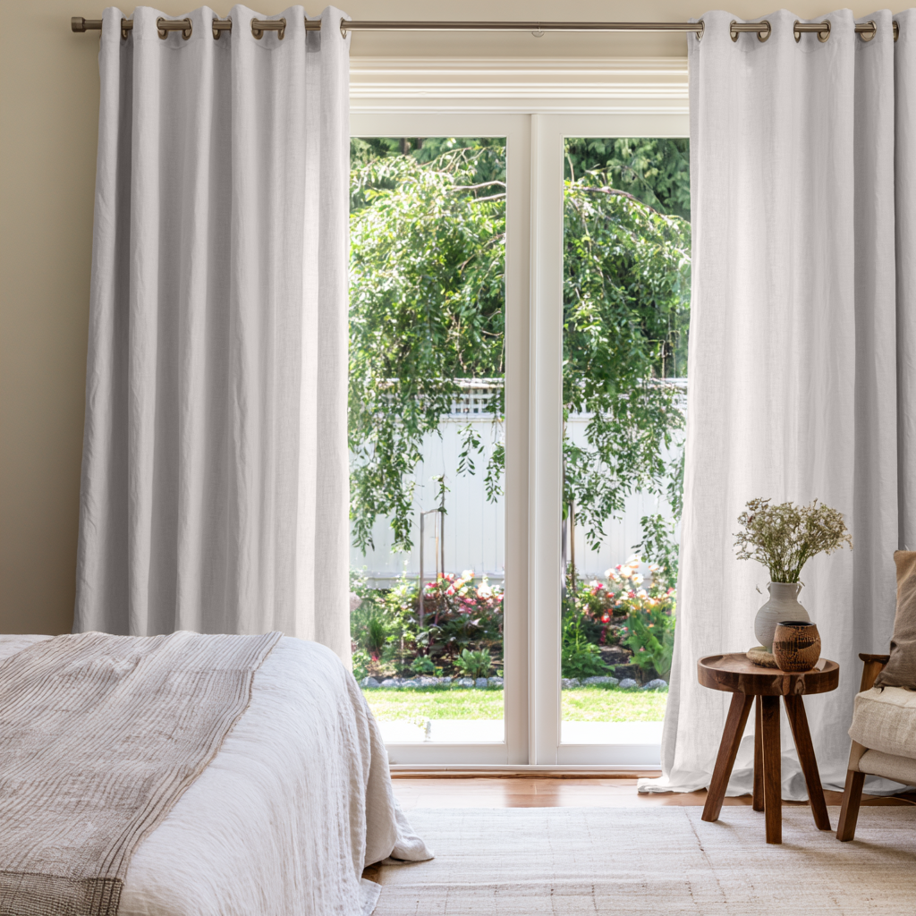 Off-White Heavy Weight Linen Eyelets Extra Long Curtains in a Contemporary Bedroom with Garden Views and Natural Wood Accents