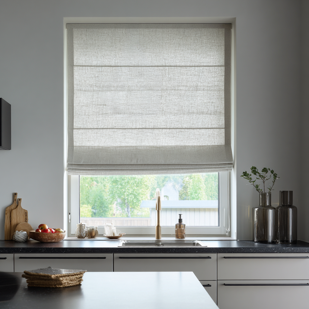Off-White Heavy Weight Linen Roman Blinds in a Minimal Modern Kitchen with White Cabinetry - Cotton Lining