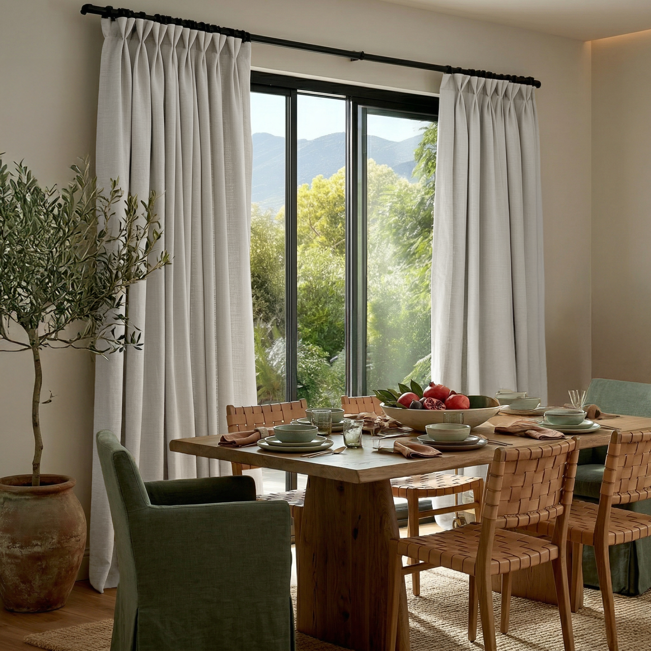Off-White Heavy Weight Linen Pinch Pleat Curtains for Sliding Doors in a Dining Room with Beige Walls