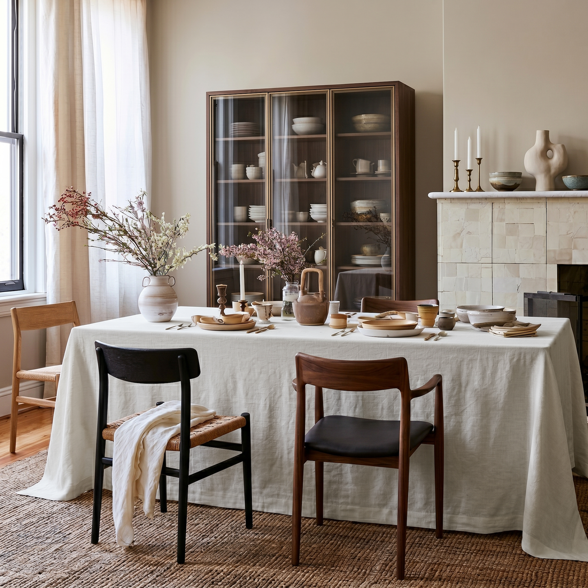 Off-White Rectangular Heavy Weight Linen Tablecloth in a Transitional Dining Room with Fireplace and Glass-Front Cabinet