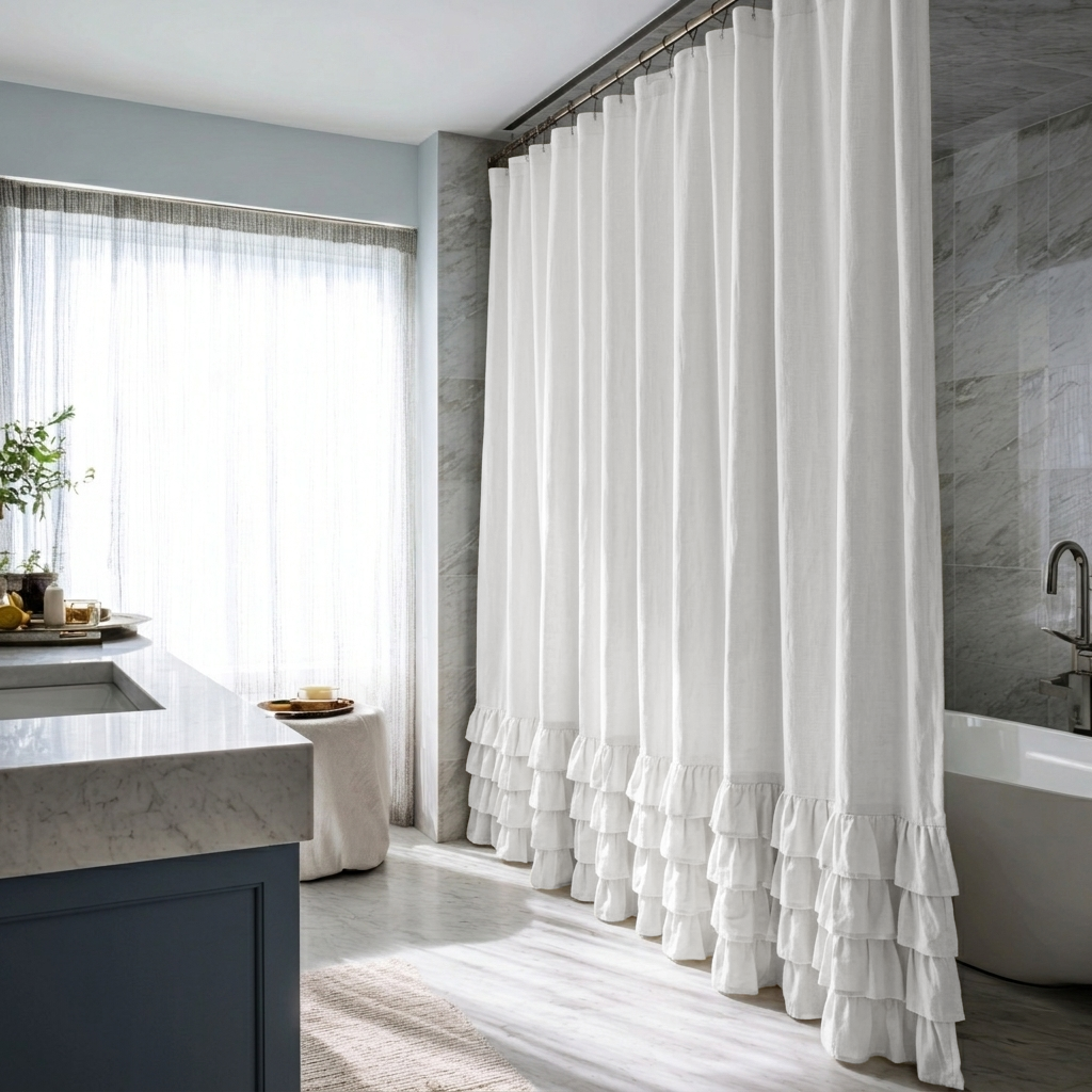 Off-White Heavy Weight Linen Ruffled Shower Curtain