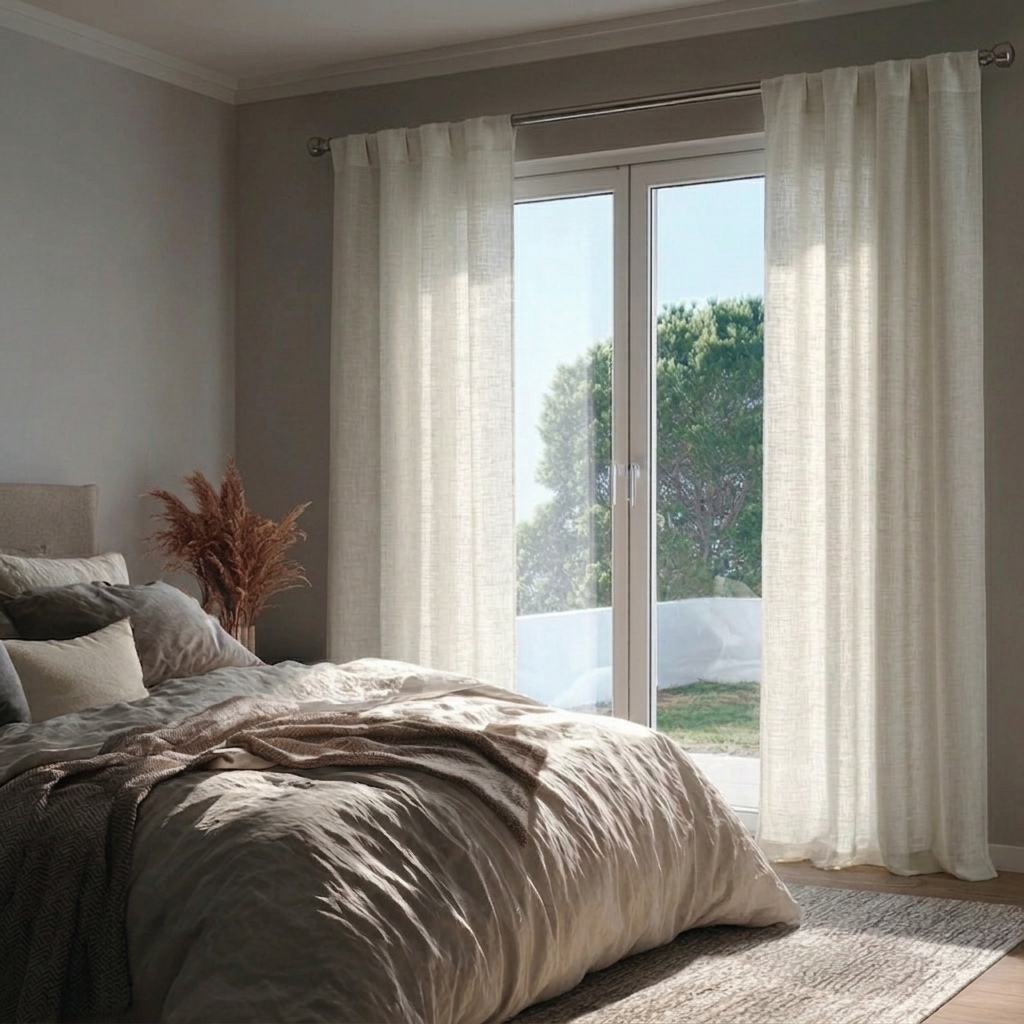 Off-White Linen Back Tab Curtains for Sliding Doors in a Bedroom with Light Grey Walls