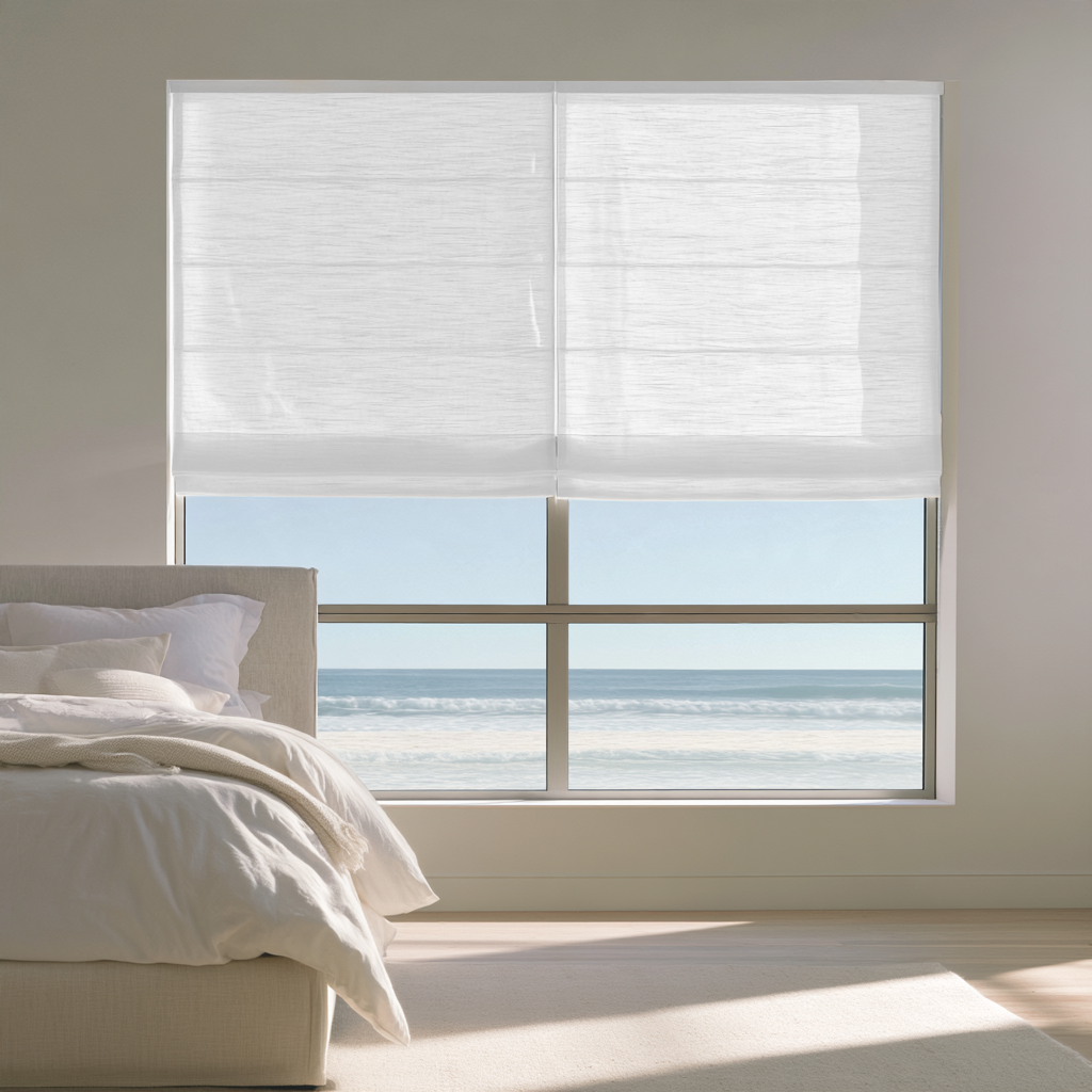 Off-White Roman Blinds in a Modern Bedroom with Off-White Walls and a Beige Bed and Ocean View