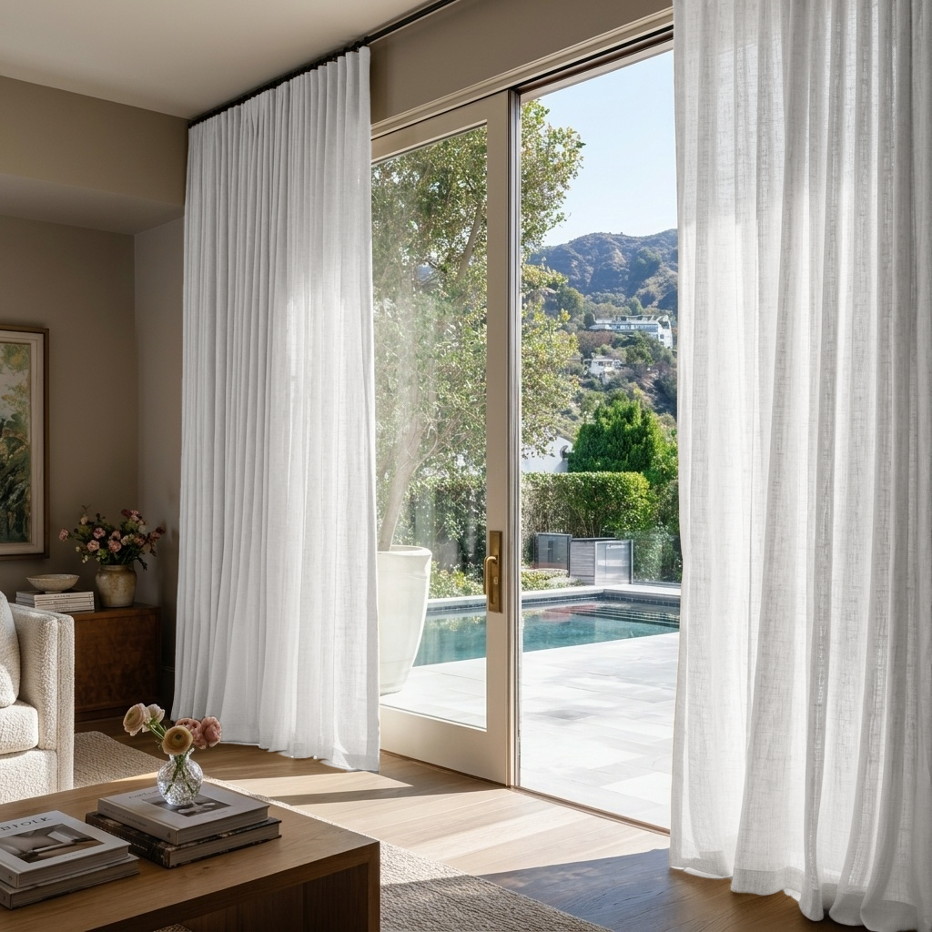 Off-White Linen S-Fold Curtains for Sliding Doors in a Living Room with Beige Walls