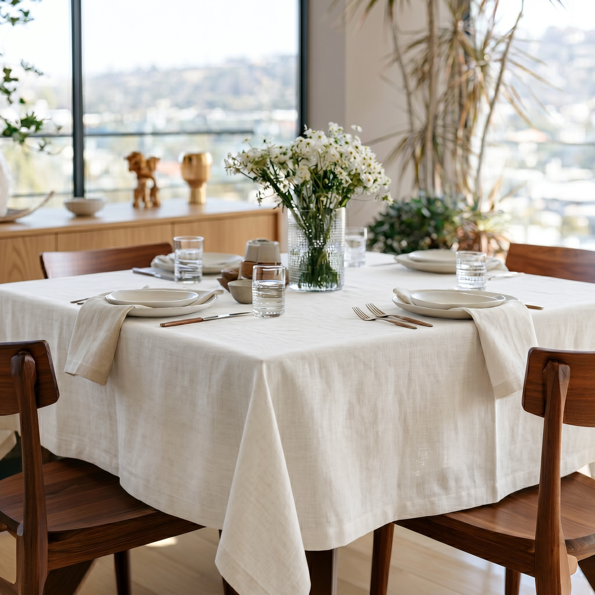 Off-White Square Linen Tablecloth in a Bright Modern Dining Room with Wooden Chairs and Panoramic Windows