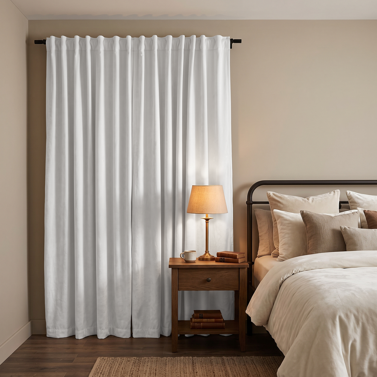 Off-White Velvet Back Tab Extra Long Curtains in a Cozy Bedroom with Dark Wood Furniture and Warm Table Lighting