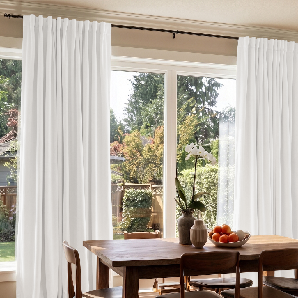 Bright dining room with white back-tab curtains, warm wooden furniture, and lush garden views.
