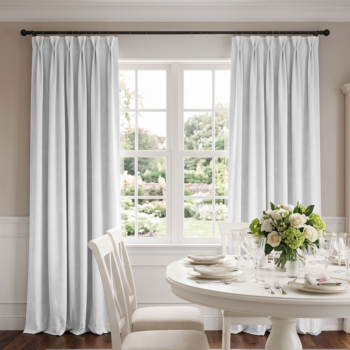 Elegant dining room with white pinch-pleat curtains, classic furniture, and a beautiful garden view.

