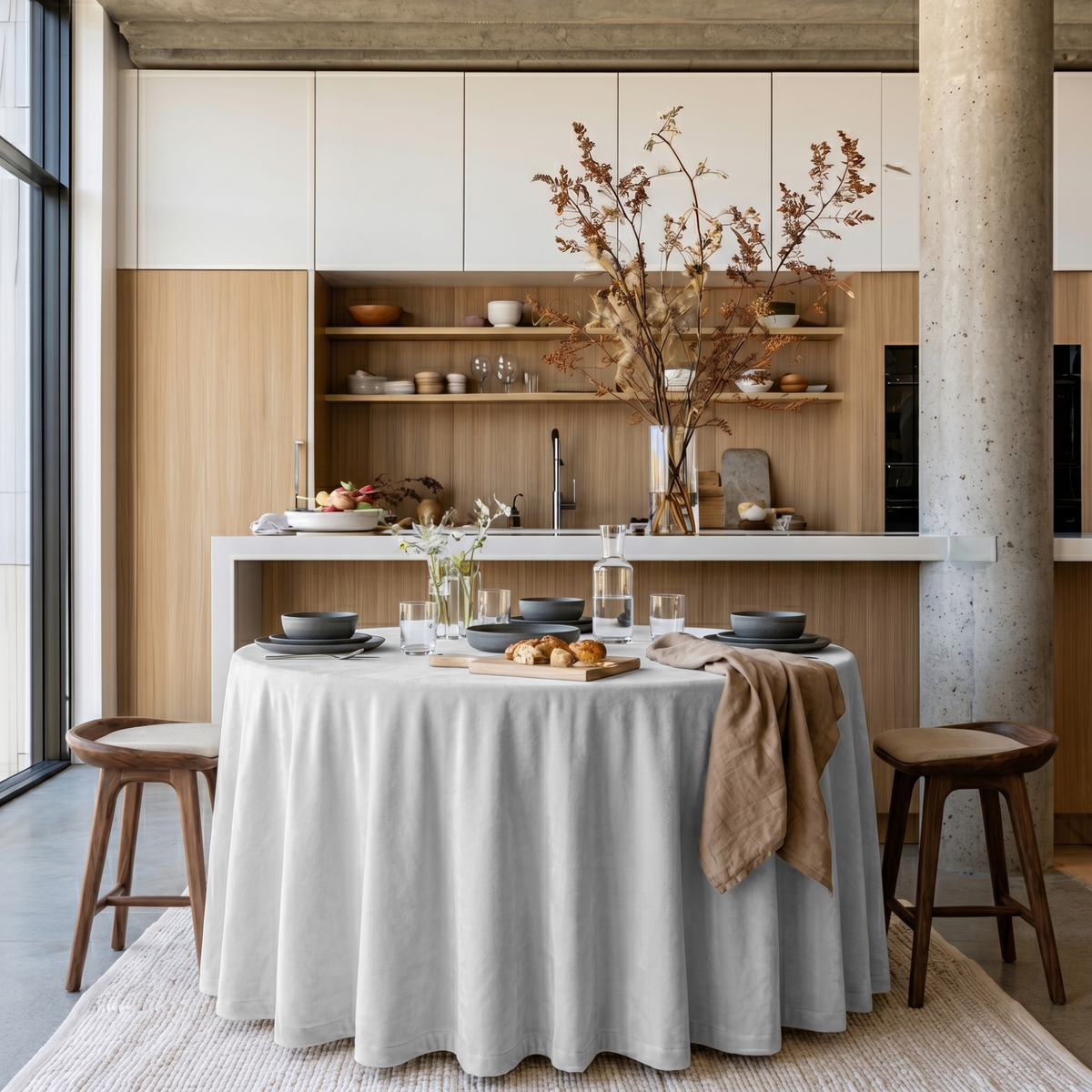 Off-White Velvet Round Tablecloth in a Modern Kitchen with Light Wood Cabinetry