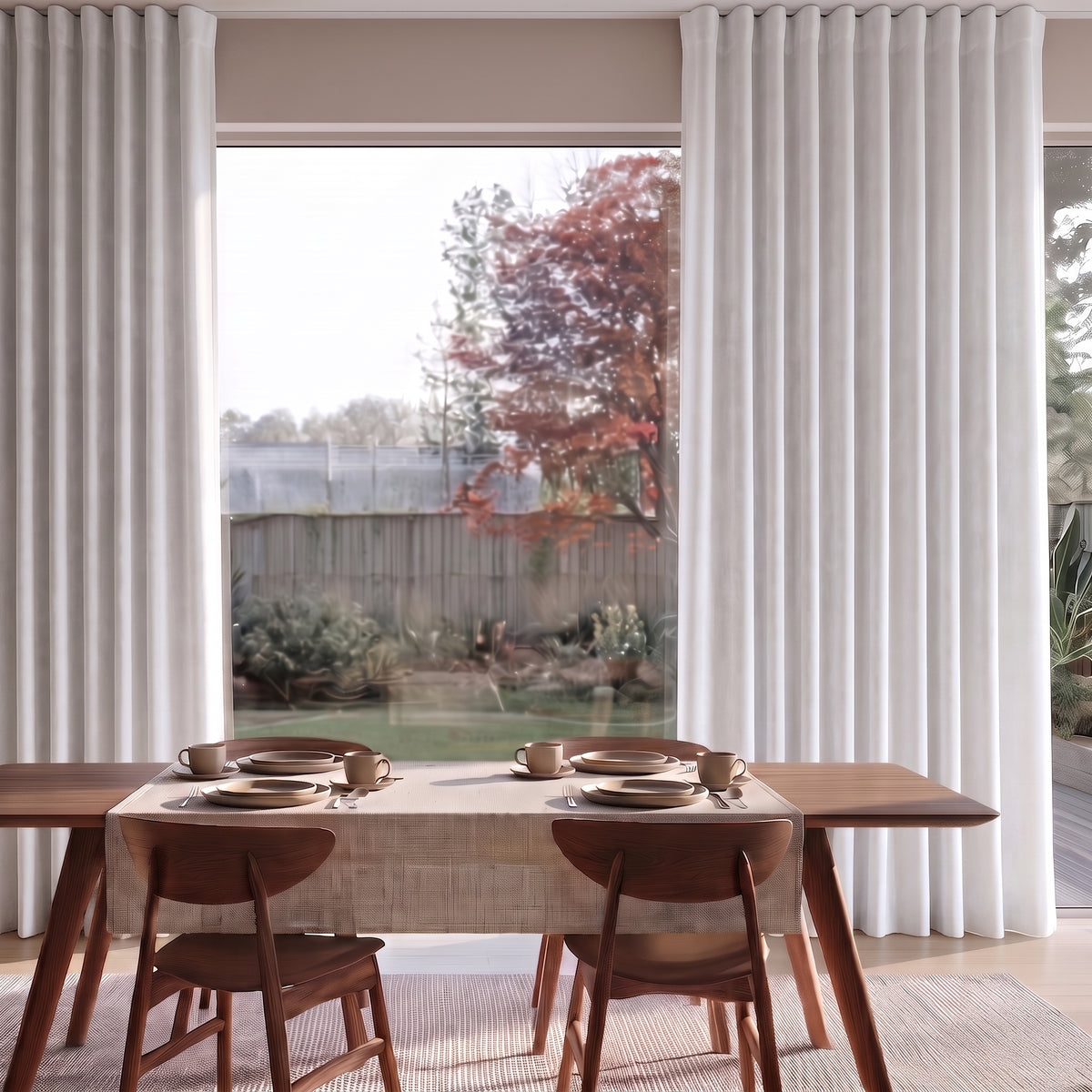 Modern dining room with white S-fold curtains, warm wooden furniture, and a serene garden view.
