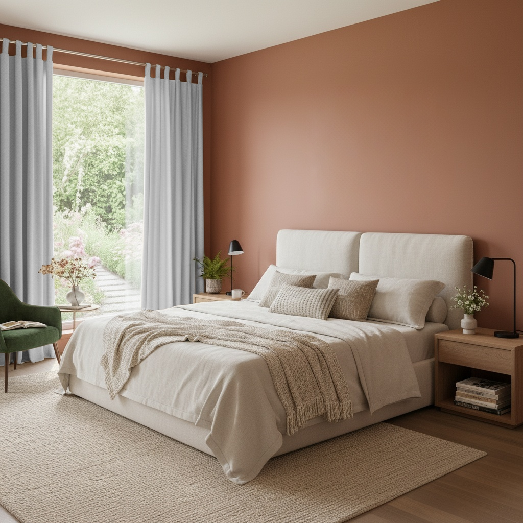 Off-White Velvet Tab Top Blackout Curtains in a Bedroom with Terracotta Walls