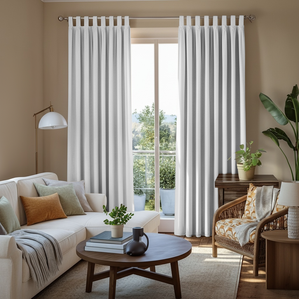 Off-White Velvet Tab Top Blackout Curtains in a Living Room with Beige Walls