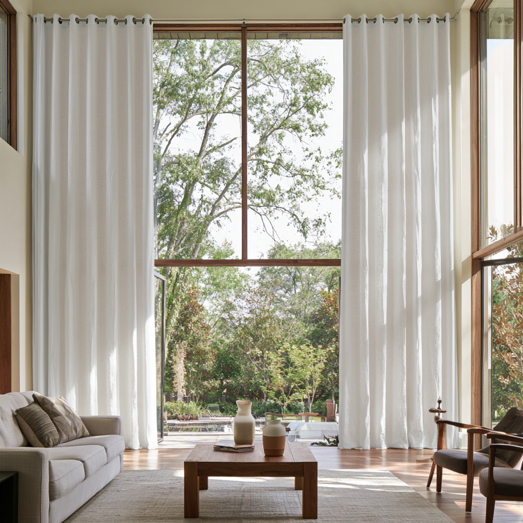 Off-White Linen Eyelet Extra Long Curtains in a Contemporary Living Room with Double-Height Windows and Garden Views