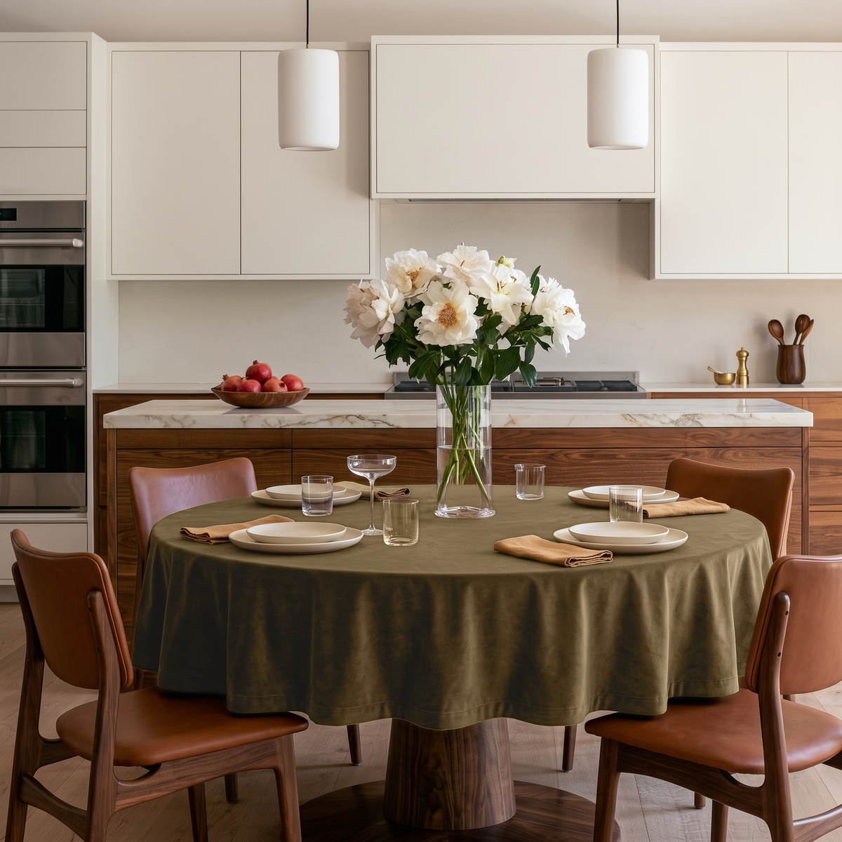 Olive Brown Round Velvet Tablecloth in a Modern Kitchen with Walnut Cabinetry and White Pendant Lighting
