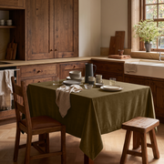 Olive Brown Square Velvet Tablecloth in a Rustic Kitchen with Wooden Cabinetry and a Farmhouse Sink