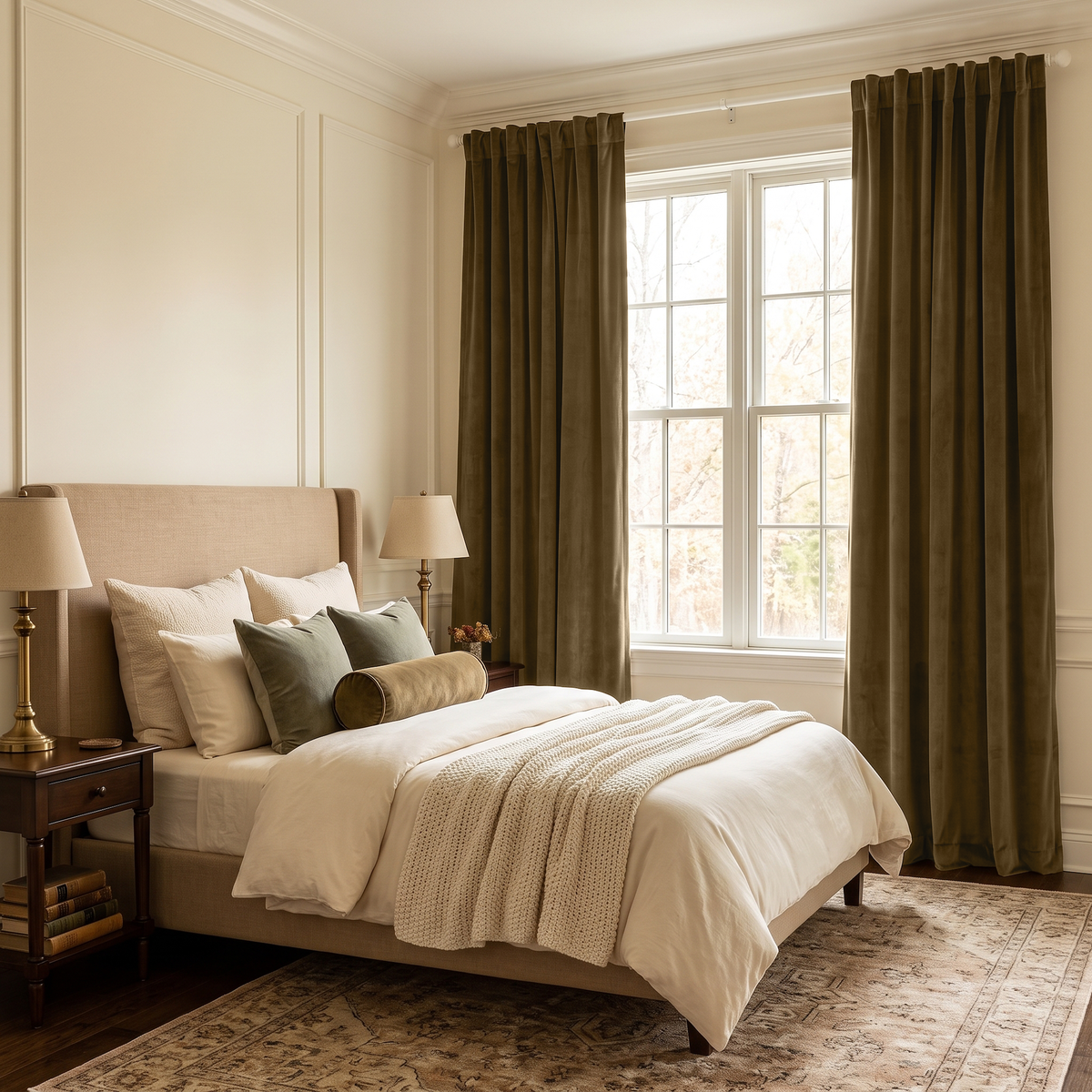 Olive Brown Velvet Back Tab Extra Long Curtains in a Styled  Bedroom with Upholstered Bed and Cream Walls with Molding