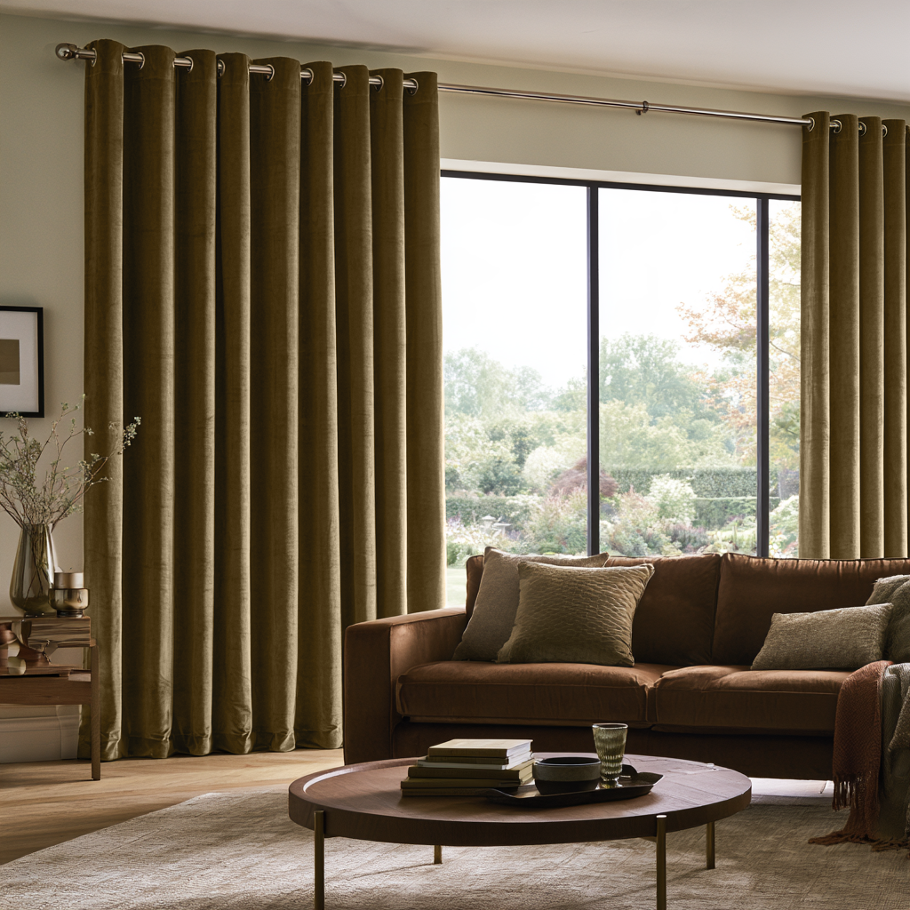 Olive Brown Velvet Eyelets Extra Long Curtains in a Contemporary Living Room with Brown Sofa and Round Coffee Table