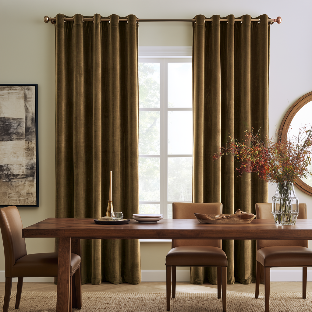Sophisticated dining room with chocolate brown grommet curtains, rich wooden furniture, and warm décor.