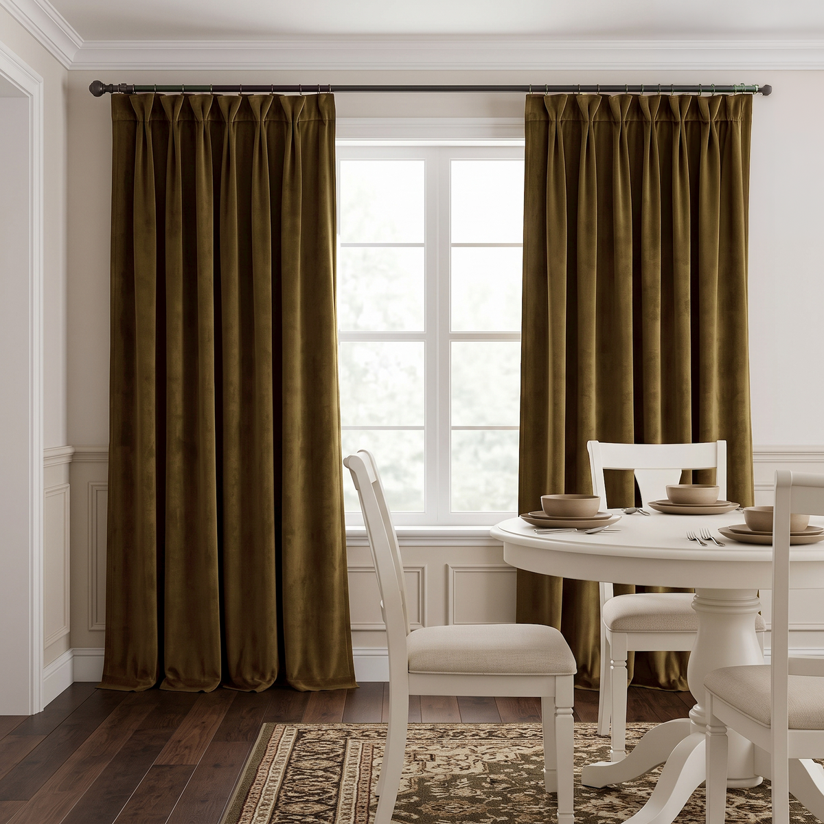 Elegant dining room with chocolate brown pinch-pleat curtains, classic white furniture, and warm accents