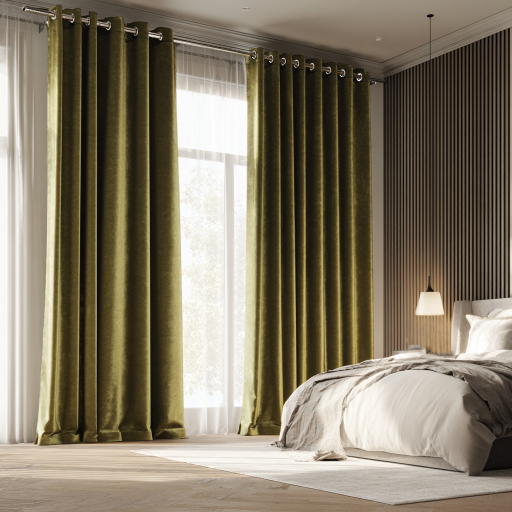 Olive Green Velvet Blackout Eyelet Curtain