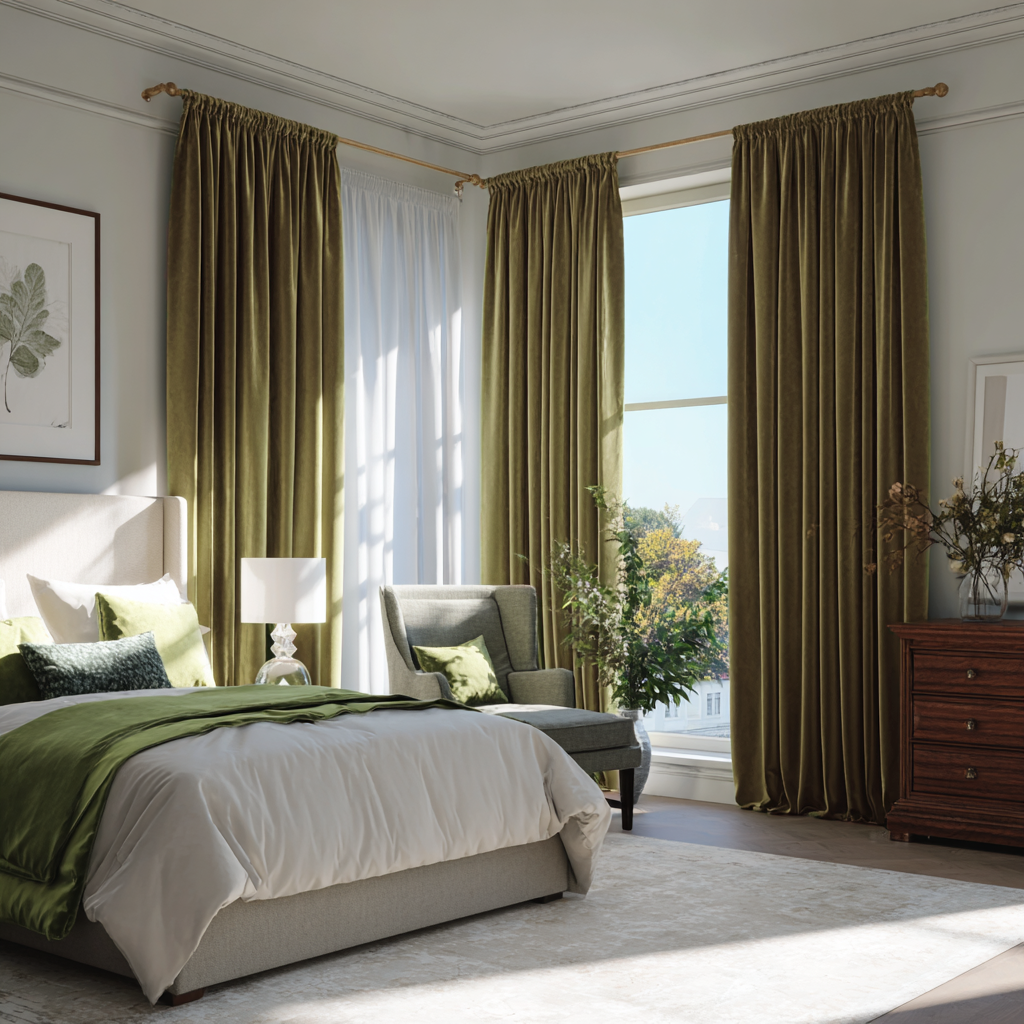 Olive Green Velvet Blackout Rod Pocket Curtain