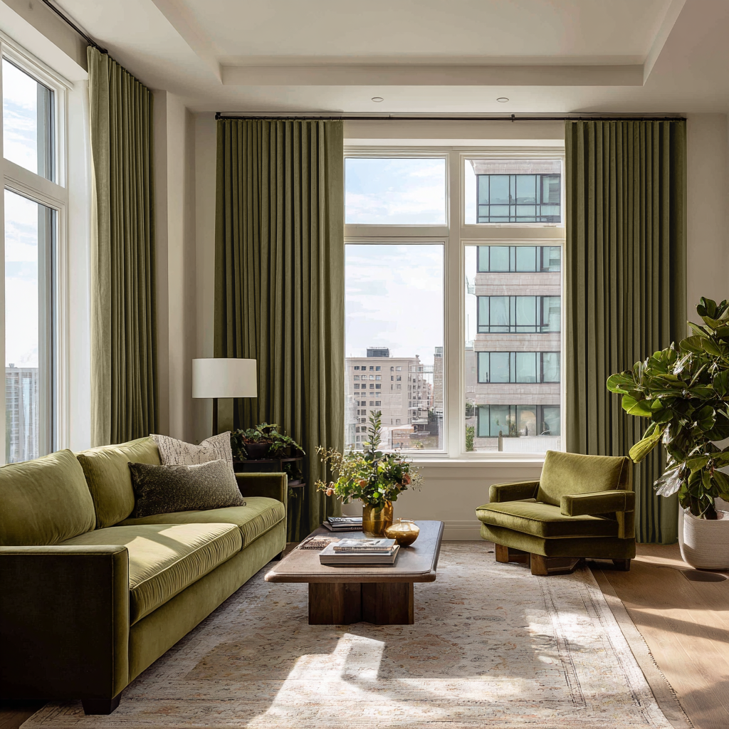 Olive Green Velvet Blackout S-Fold Curtain