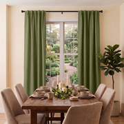 Olive Green Linen Back Tab Curtains in a Modern Farmhouse Dining Room