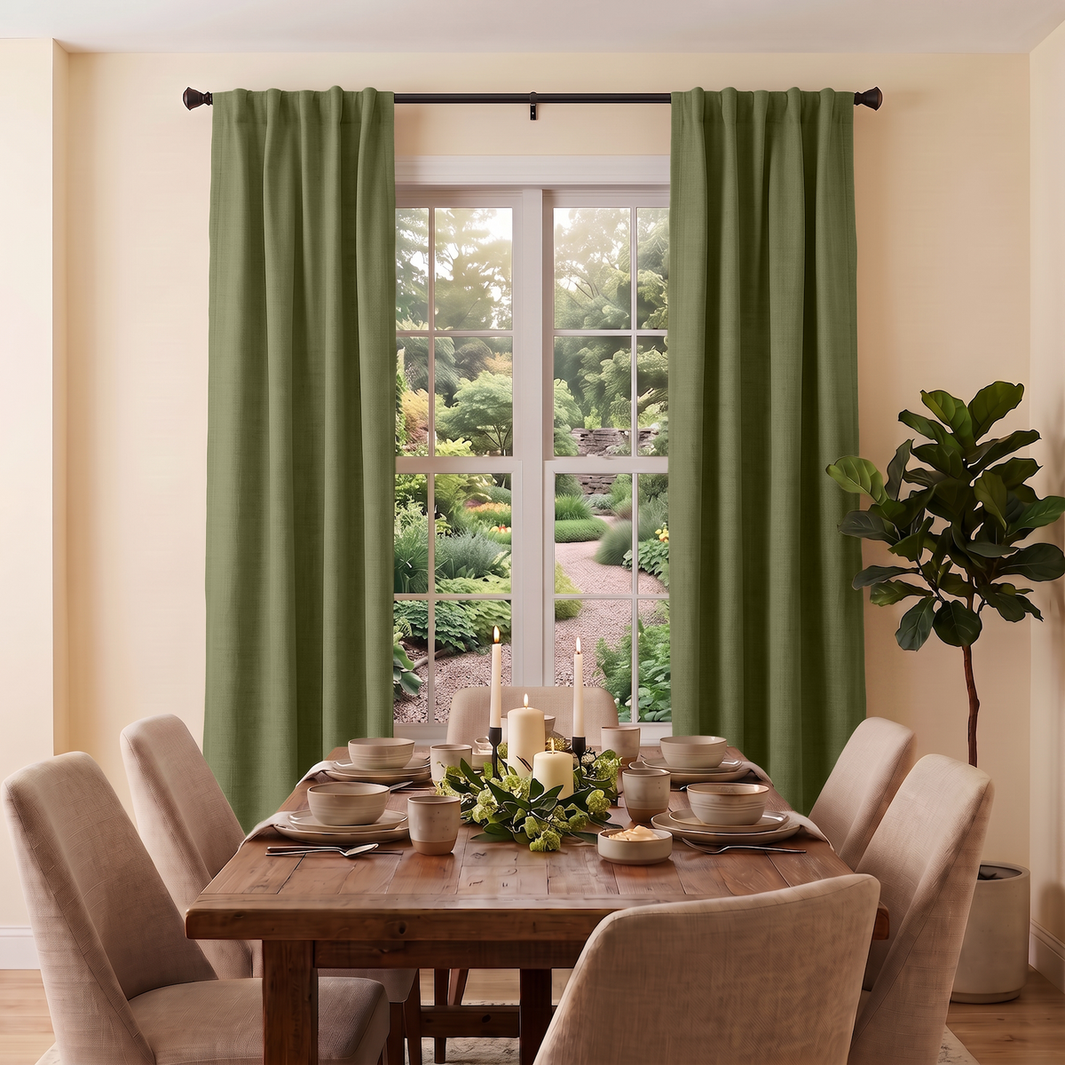 Olive Green Linen Back Tab Curtains in a Modern Farmhouse Dining Room