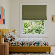 Olive Green Cordless Linen Roman Blinds in a Modern Bedroom with Off-White Walls and a Yellow Velvet Bed