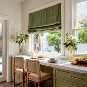 Olive Green Linen Roman Blinds in a Bright Breakfast Nook with White Trim - Blackout Lining