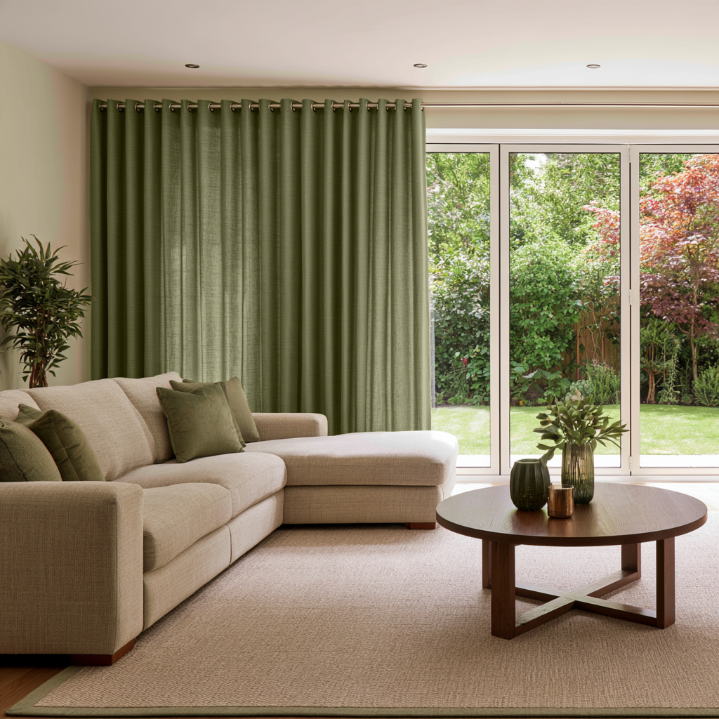Olive Green Linen Eyelets Extra Long Curtains in a Contemporary Living Room with A Beige Sectional Sofa And A Round Wooden Coffee Table