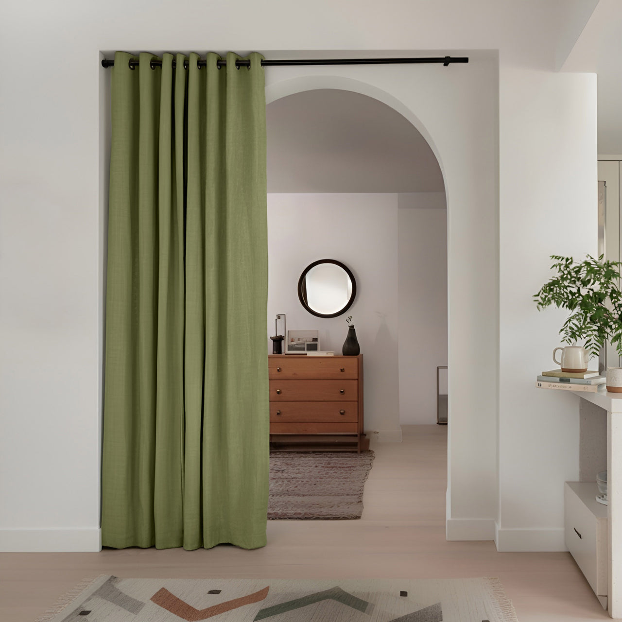 Olive Green Linen Doorway Curtain with Eyelets