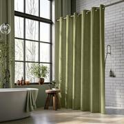 Olive Green Linen Hookless Shower Curtain in a Modern Bathroom with White Tile Walls