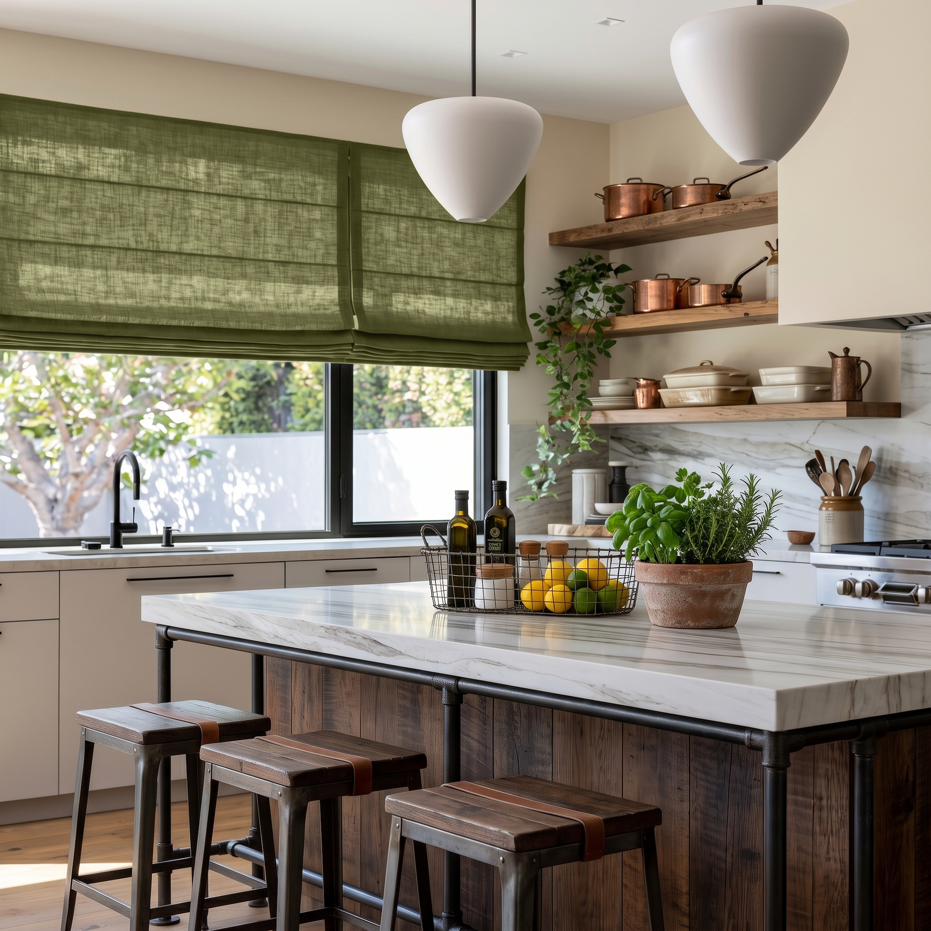 Olive Green Linen Roman Blinds in a Contemporary Kitchen with Beige Cabinetry - Cotton Lining