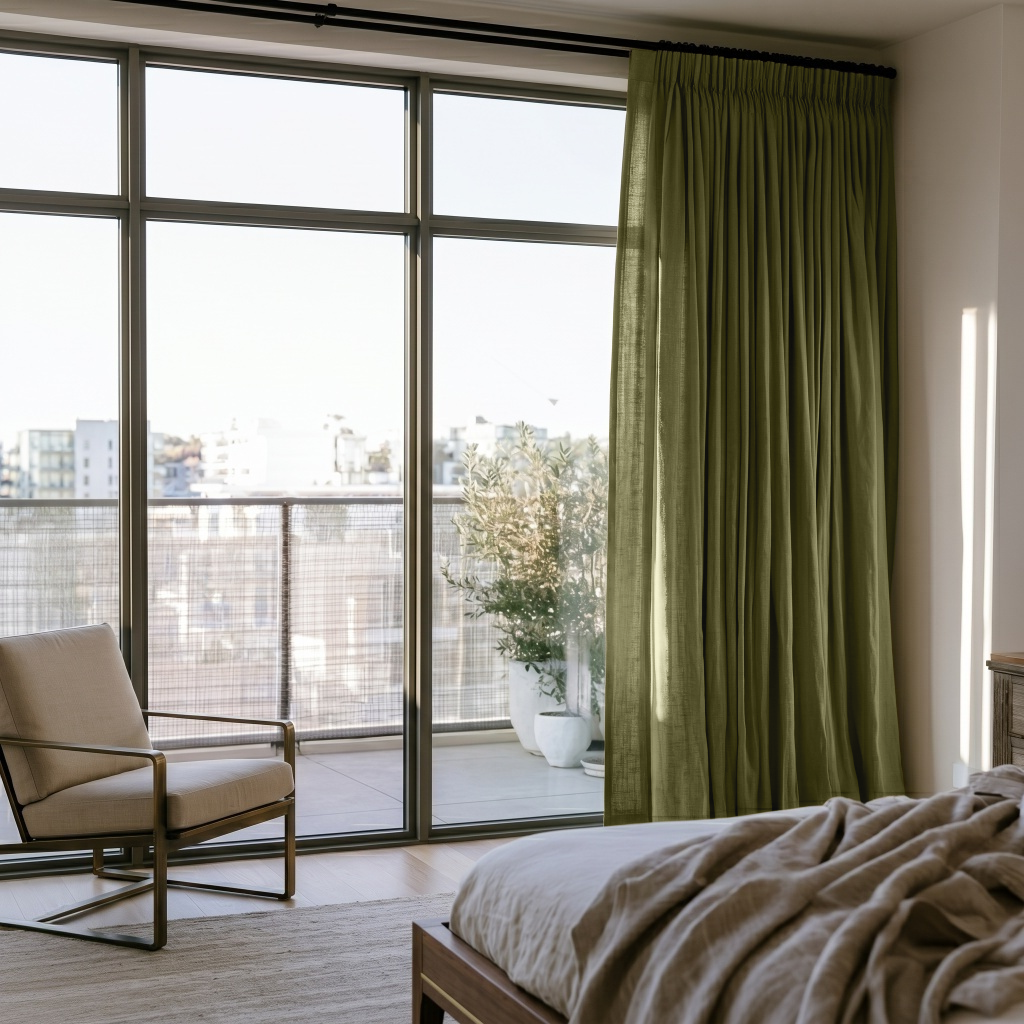 Olive Green Linen Pencil Pleat Bedroom Curtains in an Airy Contemporary Bedroom with Minimalist Lounge Chair with Soft Neutral Accents