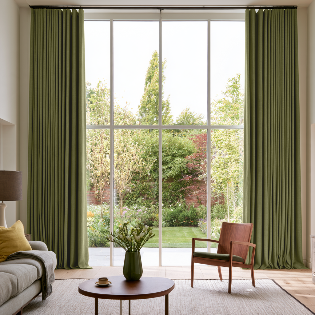 Olive Green Linen S-Fold Extra Long Curtains in a Modern Living Room with a Large Multi-Pane Window