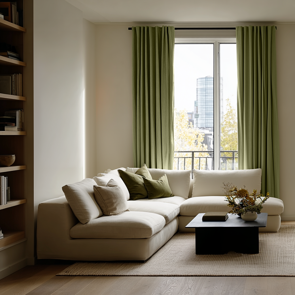 Olive Green Linen Soundproof Curtains with Multitape