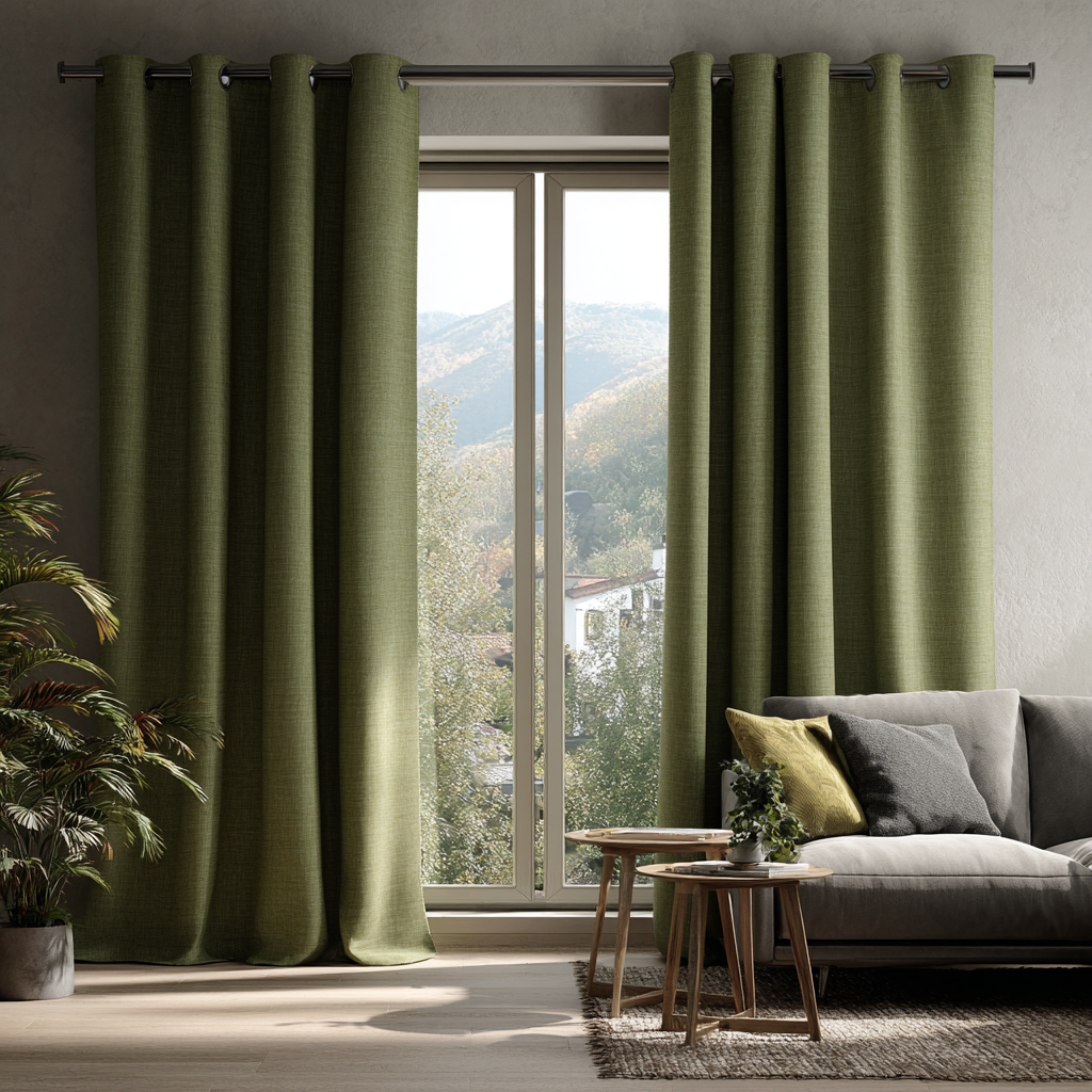 Olive Green Linen Thermal Eyelet Curtains