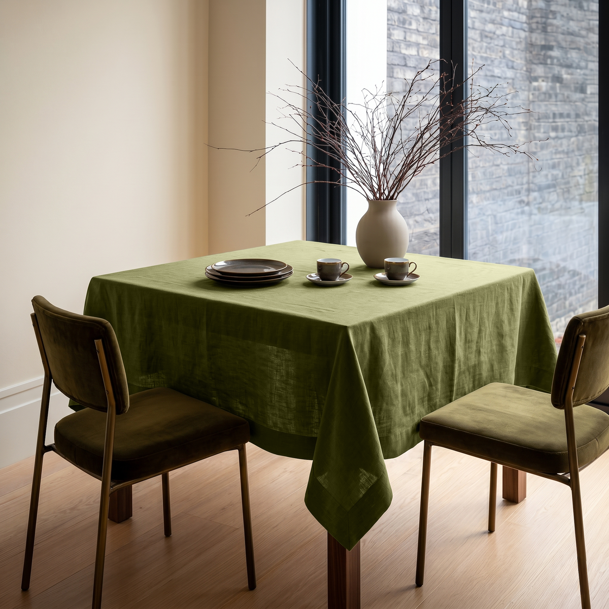 Olive Green Square Linen Tablecloth in a Contemporary Dining Room with Brick Walls and Dark Upholstered Chairs