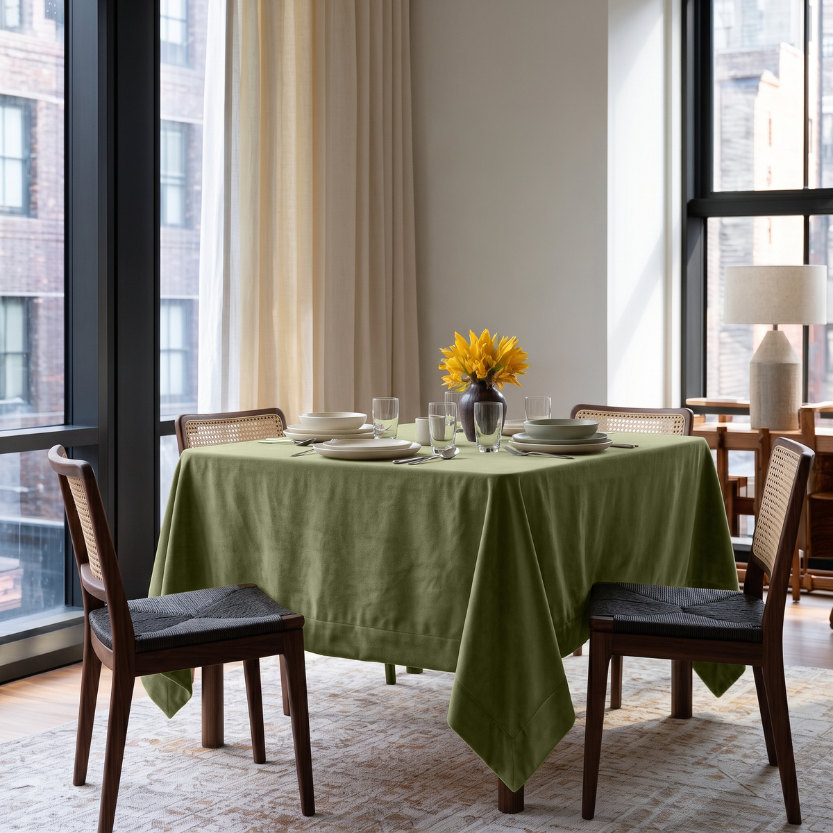Olive Green Square Velvet Tablecloth in a Contemporary Dining Room with Floor-to-Ceiling Windows and Cane Chairs