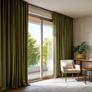 Olive Green Velvet Back Tab Blackout Curtains for Sliding Doors in a Living Room with Beige Walls
@Heading: Back Tabs