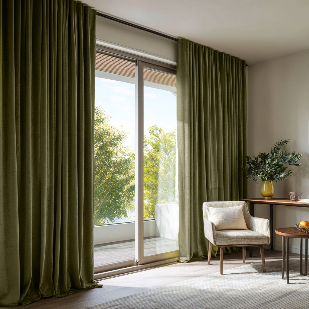 Olive Green Velvet Back Tab Blackout Curtains for Sliding Doors in a Living Room with Beige Walls
@Heading: Back Tabs