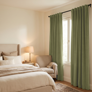 Olive Green Velvet Back Tab Extra Long Curtains in Neutral-Toned Bedroom with Upholstered Bed and Cozy Armchair