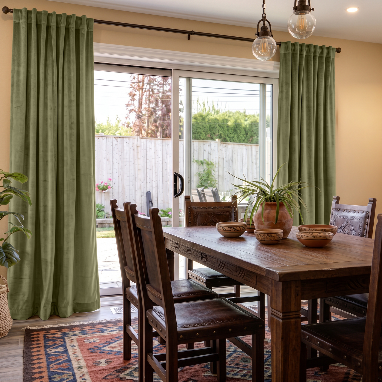 Olive Green Velvet Back Tab Sliding Patio Door Curtains in a Rustic Dining Room with Tan Walls and Dark Wood Furniture