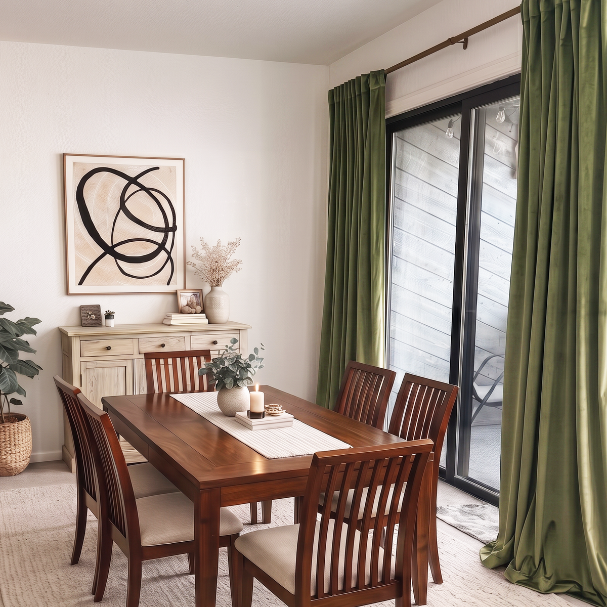 Modern dining room with olive green back-tab curtains, warm wooden furniture, and minimalist décor.
