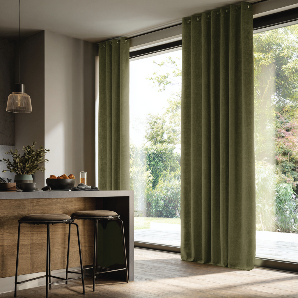 Olive Green Velvet Eyelet Blackout Curtains for Sliding Doors in a Kitchen with Grey Walls
@Heading: Eyelets