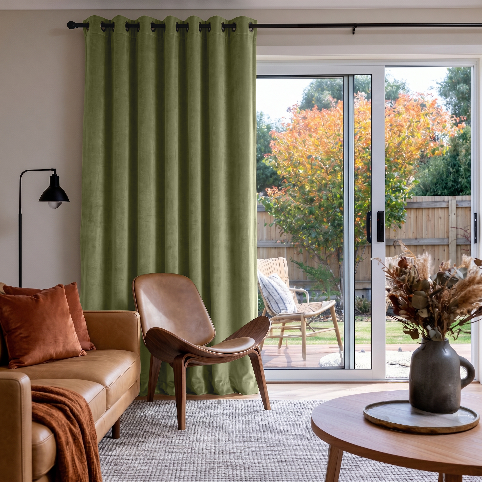 Olive Green Velvet Eyelet Sliding Patio Door Curtains in a Mid-Century Living Room with Cream Walls and Caramel Leather Seating