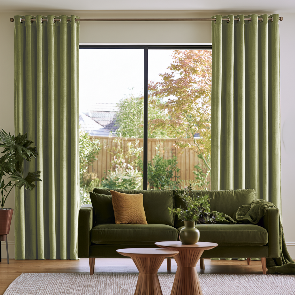 Olive Green Velvet Eyelets Extra Long Curtains in a Contemporary Living Room with Green Sofa, Wooden Coffee Table, and a View of a Backyard Garden