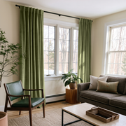 Olive Green Velvet Multitape Soundproof Curtains in a Contemporary Living Room with Cream Walls and a Charcoal Sofa