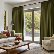 Olive Green Velvet Pencil Pleat Blackout Curtains for Sliding Doors in a Living Room with Light Grey Walls
@Heading: Pencil Pleat